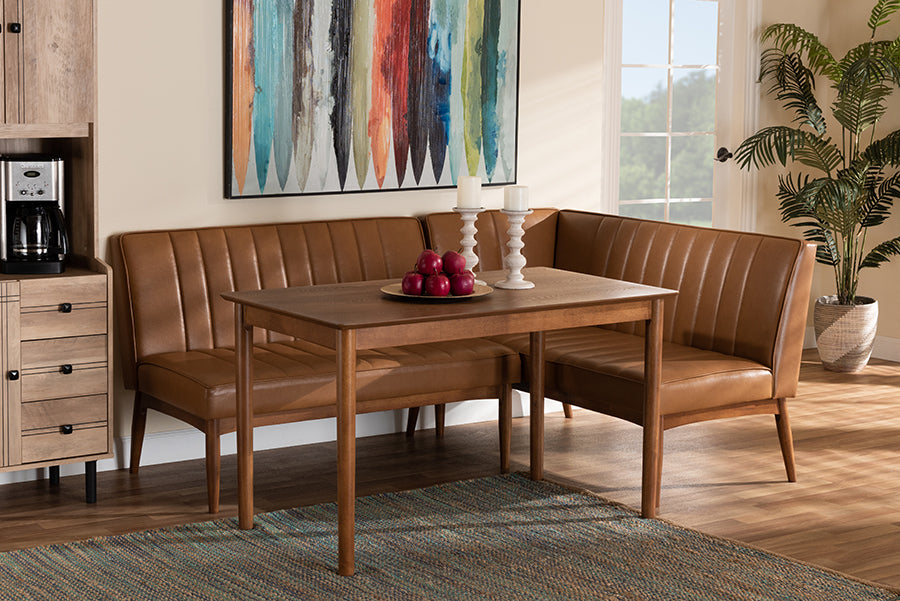 Baxton Studio Daymond Mid-Century Modern Tan Faux Leather Upholstered and Walnut Brown Finished Wood 3-Piece Dining Nook Set | Dining Sets | Modishstore