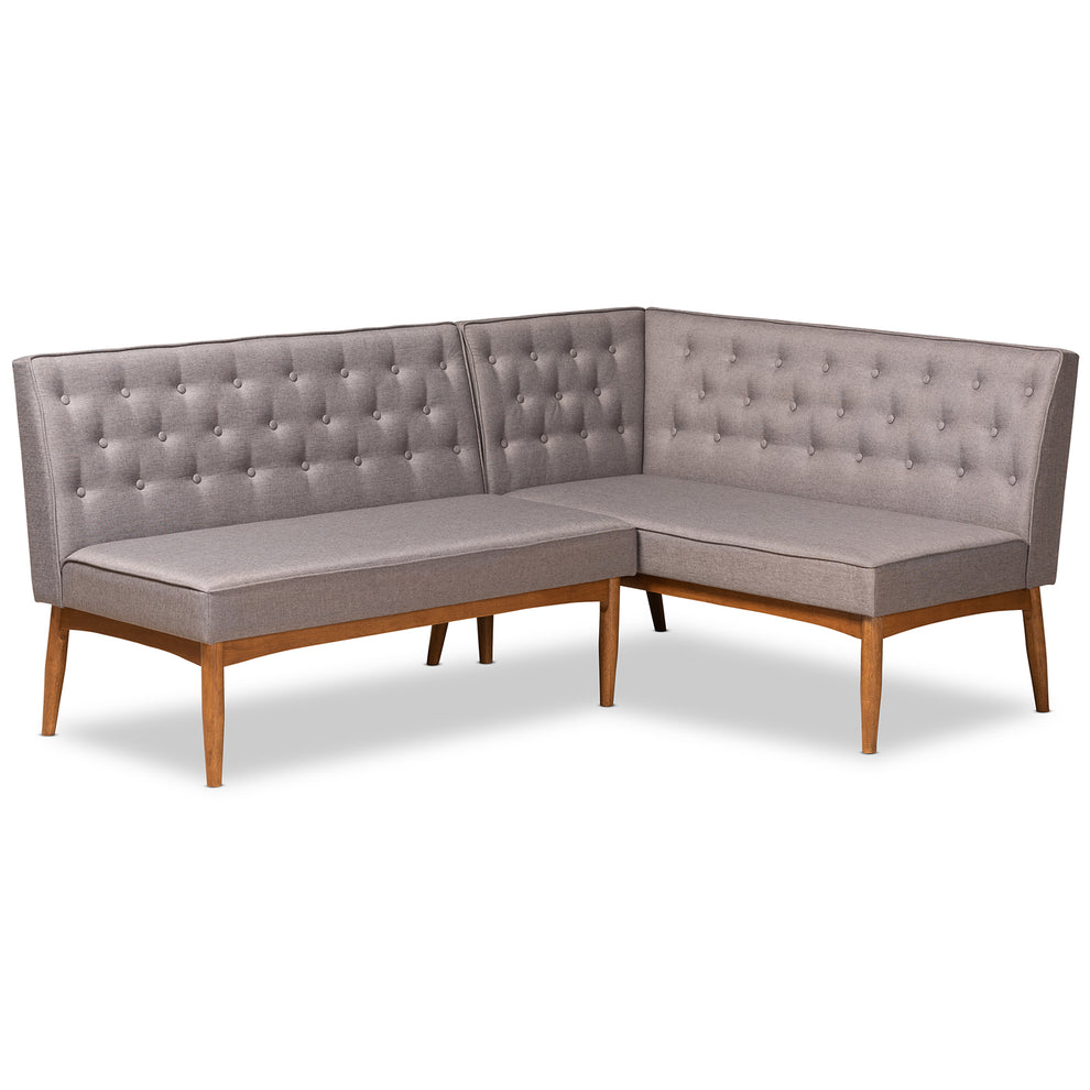 Baxton Studio Riordan Mid-Century Modern Grey Fabric Upholstered and Walnut Brown Finished Wood 2-Piece Dining Nook Banquette Set | Dining Sets | Modishstore - 2