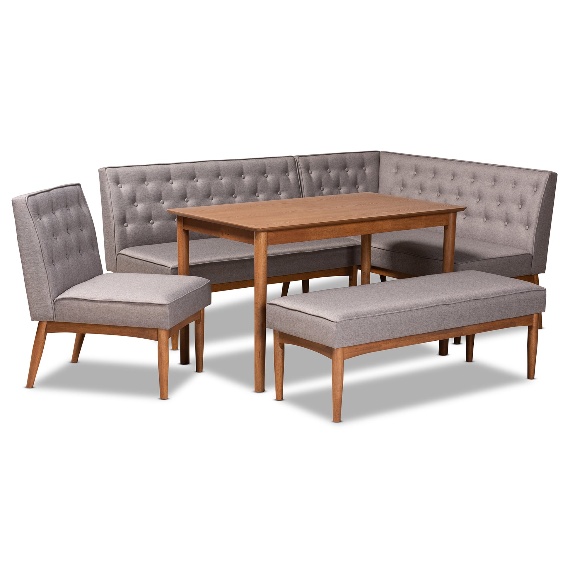 Baxton Studio Riordan Mid-Century Modern Grey Fabric Upholstered and Walnut Brown Finished Wood 5-Piece Dining Nook Set | Dining Sets | Modishstore - 2