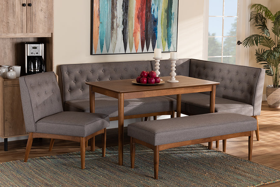 Baxton Studio Riordan Mid-Century Modern Grey Fabric Upholstered and Walnut Brown Finished Wood 5-Piece Dining Nook Set | Dining Sets | Modishstore - 3
