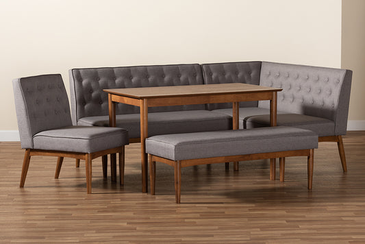 Baxton Studio Riordan Mid-Century Modern Grey Fabric Upholstered and Walnut Brown Finished Wood 5-Piece Dining Nook Set | Dining Sets | Modishstore