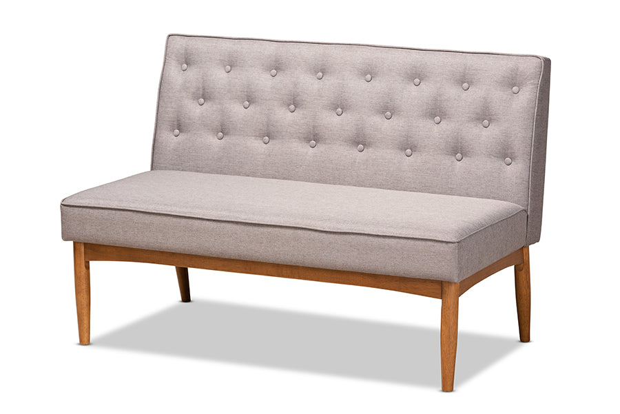 Baxton Studio Riordan Mid-Century Modern Grey Fabric Upholstered and Walnut Brown Finished Wood 2-Piece Dining Nook Banquette Set | Dining Sets | Modishstore - 6
