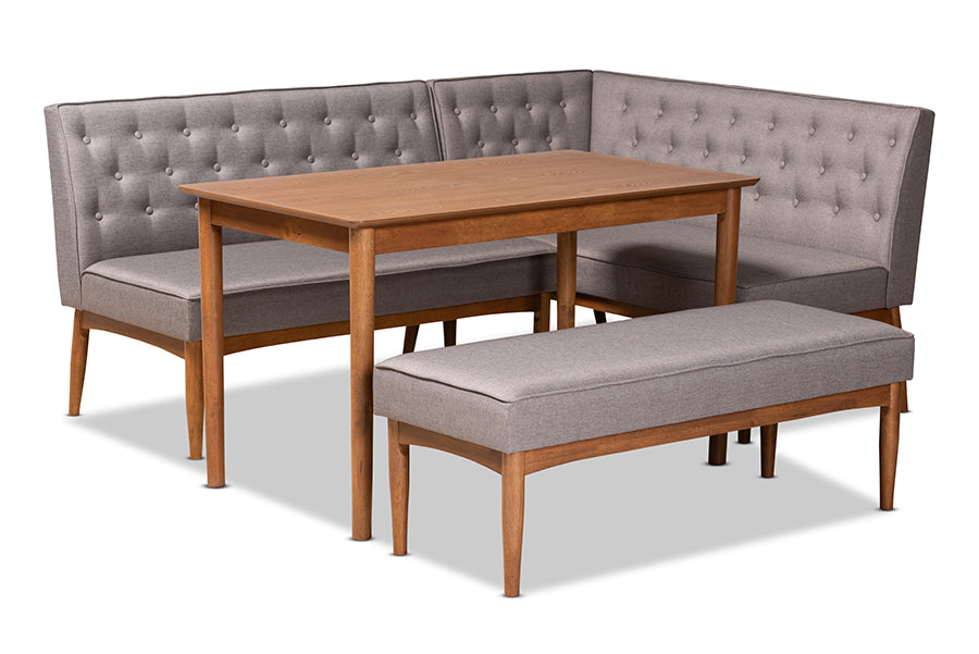 baxton studio riordan mid century modern grey fabric upholstered and walnut brown finished wood 4 piece dining nook set | Modish Furniture Store-2