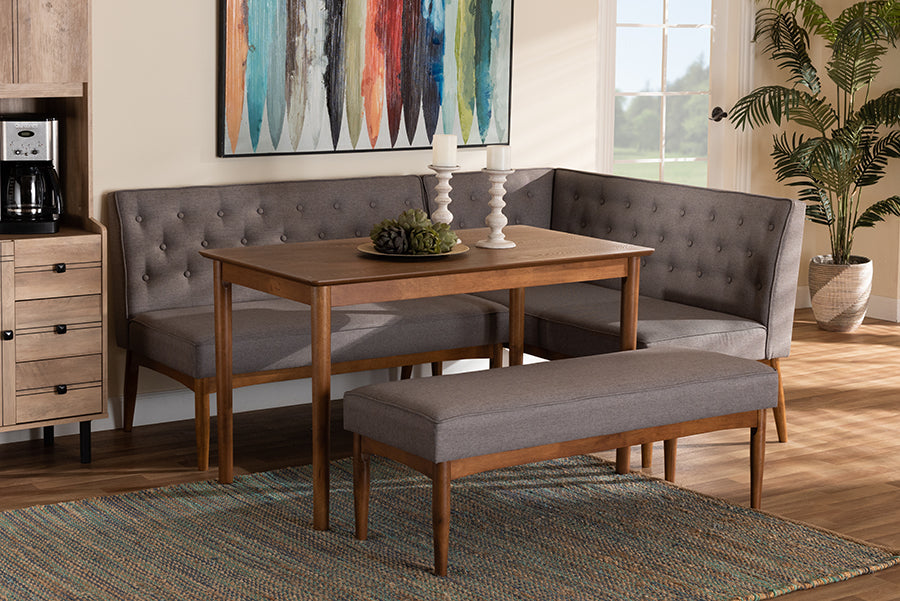 Baxton Studio Riordan Mid-Century Modern Grey Fabric Upholstered and Walnut Brown Finished Wood 4-Piece Dining Nook Set | Modishstore | Dining Sets