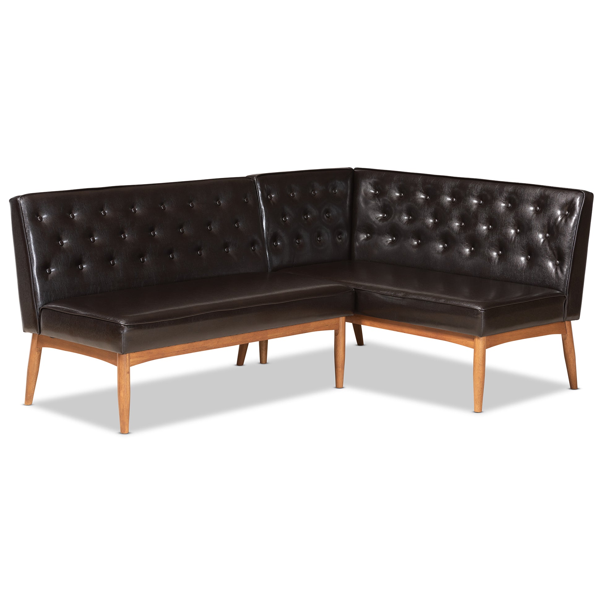 Baxton Studio Riordan Mid-Century Modern Dark Brown Faux Leather Upholstered and Walnut Brown Finished Wood 2-Piece Dining Nook Banquette Set | Dining Sets | Modishstore - 2