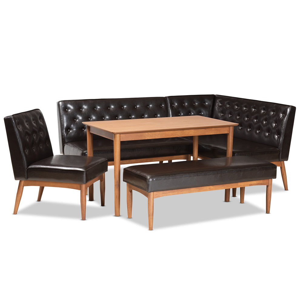 Baxton Studio Riordan Mid-Century Modern Dark Brown Faux Leather Upholstered and Walnut Brown Finished Wood 5-Piece Dining Nook Set | Dining Sets | Modishstore - 2