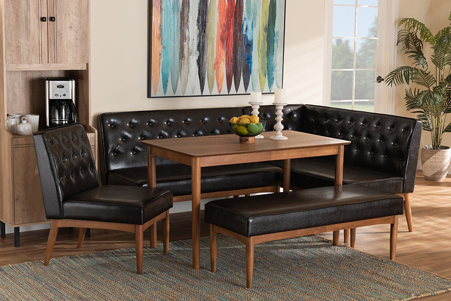 Baxton Studio Riordan Mid-Century Modern Dark Brown Faux Leather Upholstered and Walnut Brown Finished Wood 5-Piece Dining Nook Set | Dining Sets | Modishstore