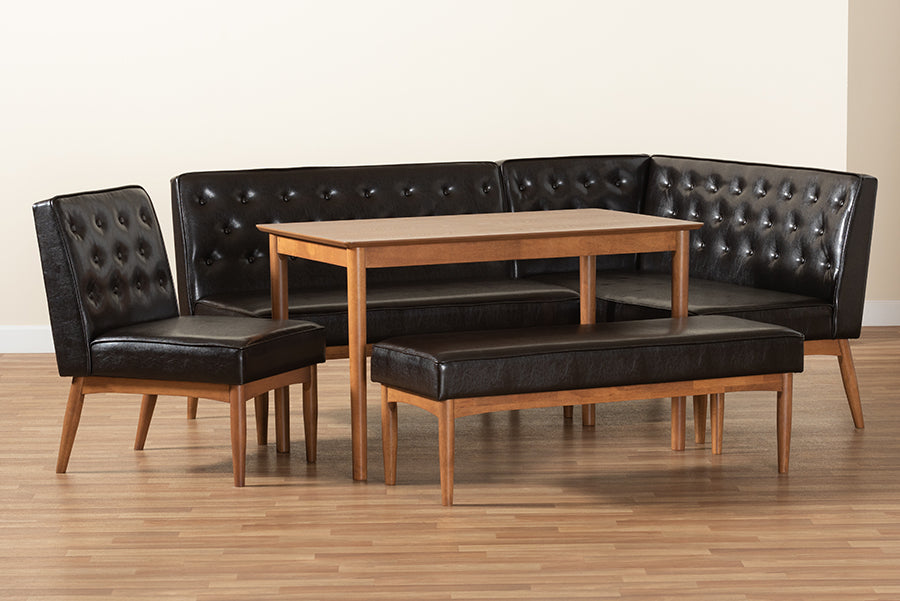 Baxton Studio Riordan Mid-Century Modern Dark Brown Faux Leather Upholstered and Walnut Brown Finished Wood 5-Piece Dining Nook Set | Dining Sets | Modishstore - 3
