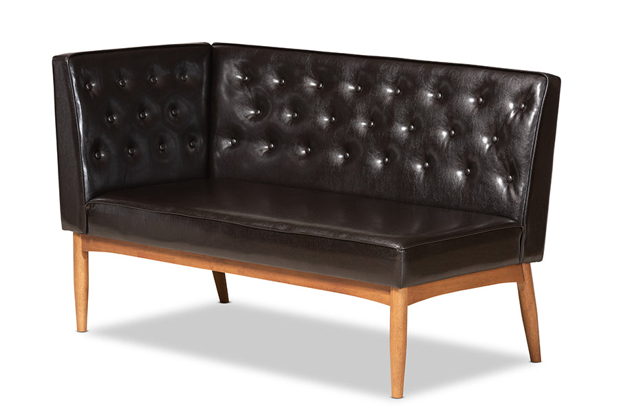 Baxton Studio Riordan Mid-Century Modern Dark Brown Faux Leather Upholstered and Walnut Brown Finished Wood 2-Piece Dining Nook Banquette Set | Dining Sets | Modishstore - 6