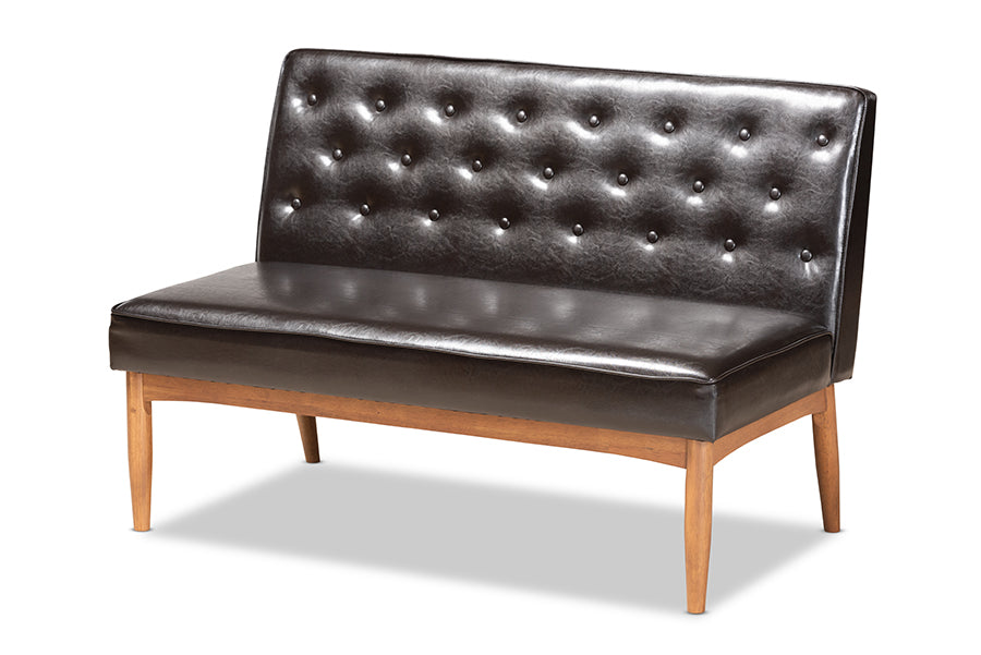 Baxton Studio Riordan Mid-Century Modern Dark Brown Faux Leather Upholstered and Walnut Brown Finished Wood 2-Piece Dining Nook Banquette Set | Dining Sets | Modishstore - 5
