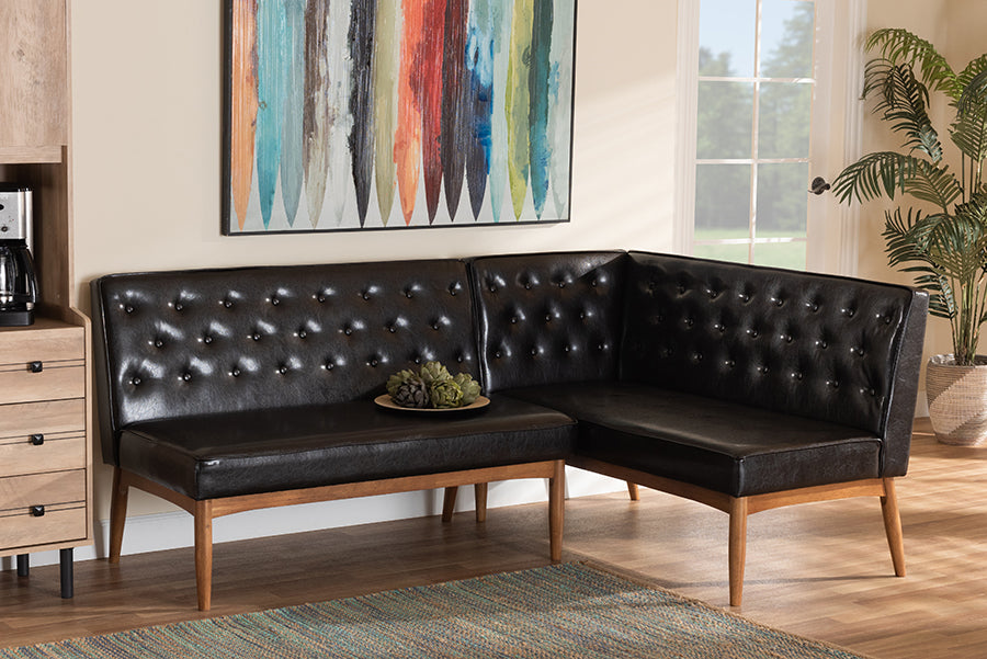 Baxton Studio Riordan Mid-Century Modern Dark Brown Faux Leather Upholstered and Walnut Brown Finished Wood 2-Piece Dining Nook Banquette Set | Dining Sets | Modishstore