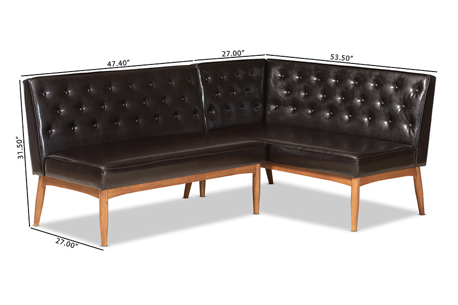 Baxton Studio Riordan Mid-Century Modern Dark Brown Faux Leather Upholstered and Walnut Brown Finished Wood 2-Piece Dining Nook Banquette Set | Dining Sets | Modishstore - 7
