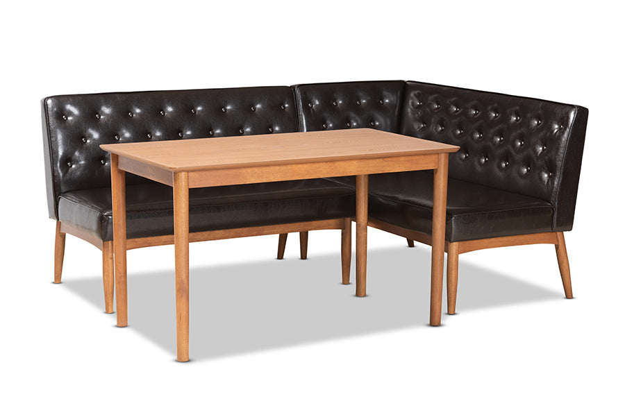 baxton studio riordan mid century modern dark brown faux leather upholstered and walnut brown finished wood 3 piece dining nook set | Modish Furniture Store-2