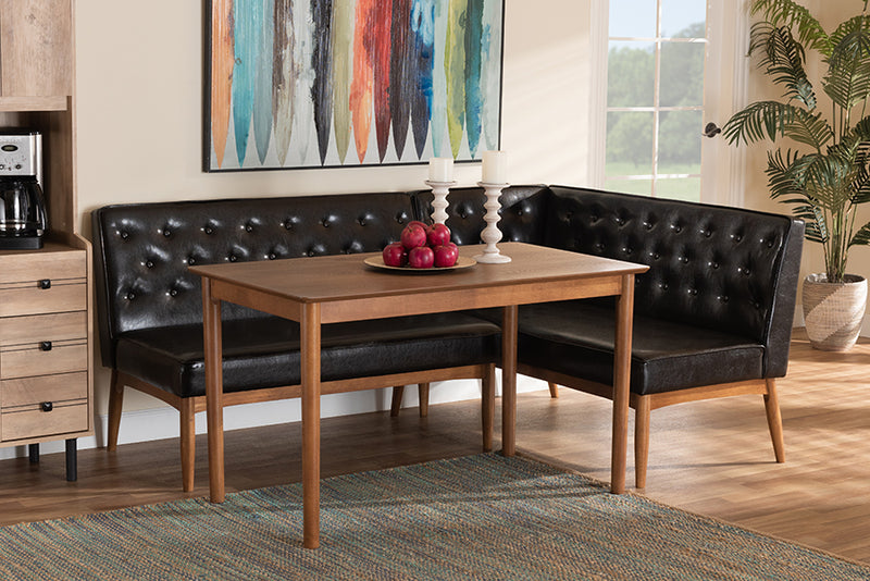 Baxton Studio Riordan Mid-Century Modern Dark Brown Faux Leather Upholstered and Walnut Brown Finished Wood 3-Piece Dining Nook Set | Modishstore | Dining Sets