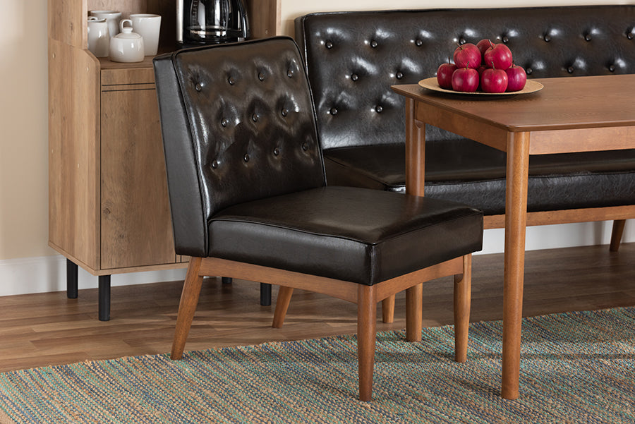 Baxton Studio Riordan Mid-Century Modern Dark Brown Faux Leather Upholstered and Walnut Brown Finished Wood Dining Chair | Modishstore | Dining Chairs