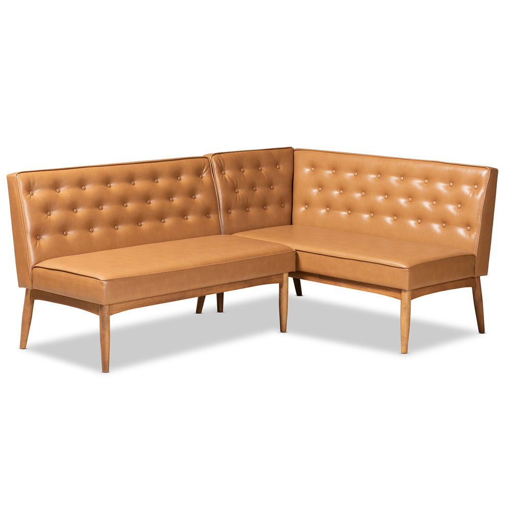 Baxton Studio Riordan Mid-Century Modern Tan Faux Leather Upholstered and Walnut Brown Finished Wood 2-Piece Dining Nook Banquette Set | Dining Sets | Modishstore - 2