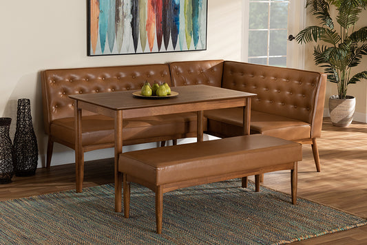 Baxton Studio Riordan Mid-Century Modern Tan Faux Leather Upholstered and Walnut Brown Finished Wood 4-Piece Dining Nook Set | Dining Sets | Modishstore
