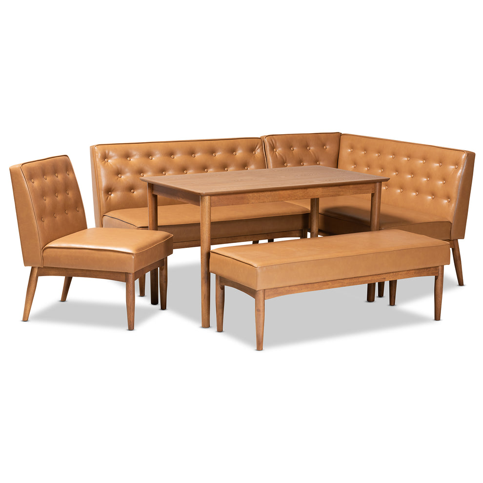 Baxton Studio Riordan Mid-Century Modern Tan Faux Leather Upholstered and Walnut Brown Finished Wood 5-Piece Dining Nook Set | Dining Sets | Modishstore - 2