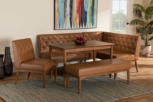 Baxton Studio Riordan Mid-Century Modern Tan Faux Leather Upholstered and Walnut Brown Finished Wood 5-Piece Dining Nook Set | Dining Sets | Modishstore