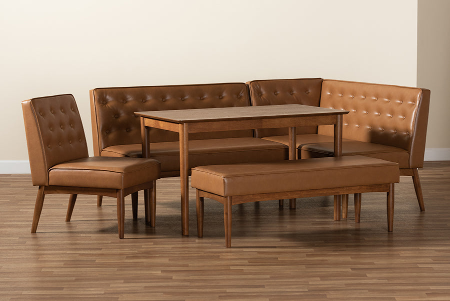 Baxton Studio Riordan Mid-Century Modern Tan Faux Leather Upholstered and Walnut Brown Finished Wood 5-Piece Dining Nook Set | Dining Sets | Modishstore - 3