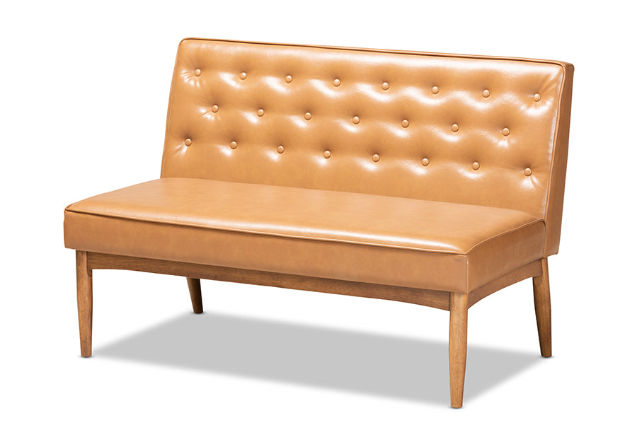 Baxton Studio Riordan Mid-Century Modern Tan Faux Leather Upholstered and Walnut Brown Finished Wood 2-Piece Dining Nook Banquette Set | Dining Sets | Modishstore - 5