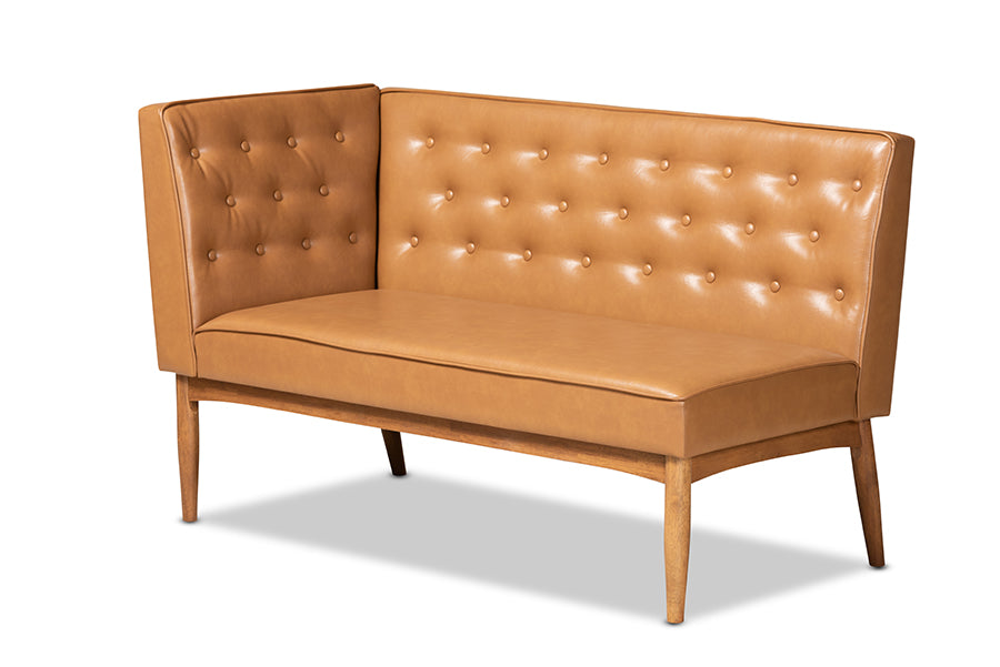 Baxton Studio Riordan Mid-Century Modern Tan Faux Leather Upholstered and Walnut Brown Finished Wood 2-Piece Dining Nook Banquette Set | Dining Sets | Modishstore - 6