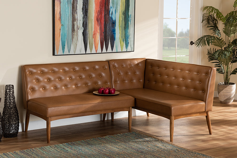 Baxton Studio Riordan Mid-Century Modern Tan Faux Leather Upholstered and Walnut Brown Finished Wood 2-Piece Dining Nook Banquette Set | Dining Sets | Modishstore