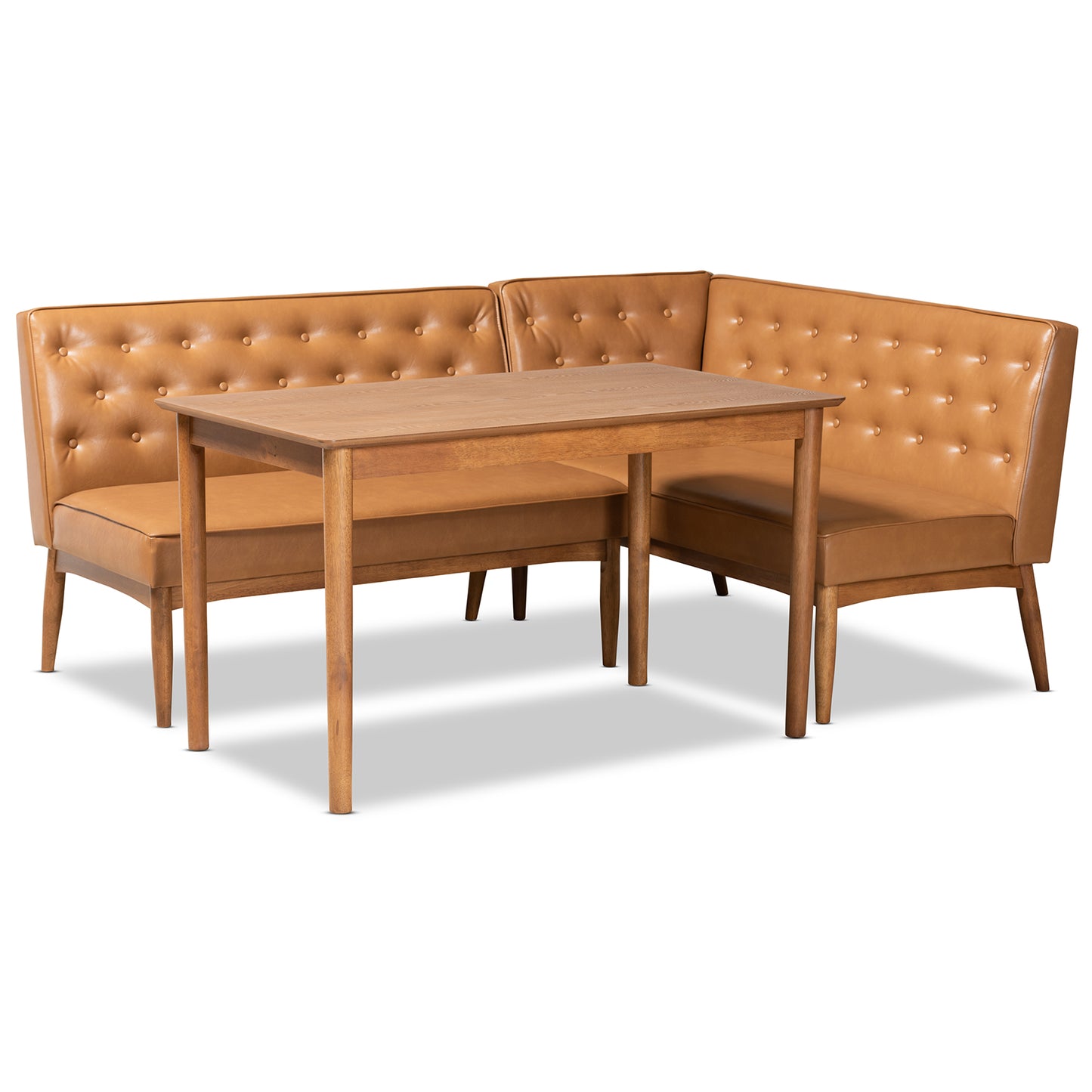 Baxton Studio Riordan Mid-Century Modern Tan Faux Leather Upholstered and Walnut Brown Finished Wood 3-Piece Dining Nook Set | Dining Sets | Modishstore - 2