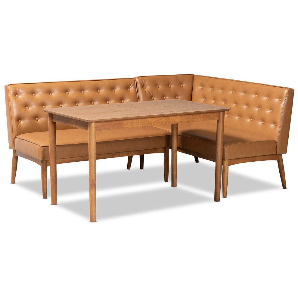 Baxton Studio Riordan Mid-Century Modern Tan Faux Leather Upholstered and Walnut Brown Finished Wood 3-Piece Dining Nook Set | Dining Sets | Modishstore - 2