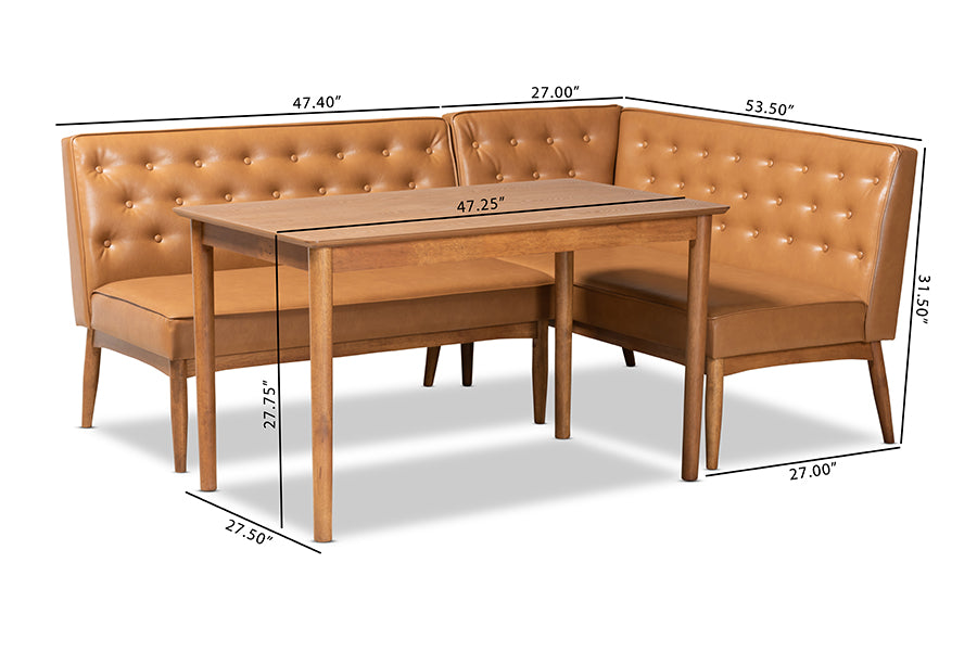 Baxton Studio Riordan Mid-Century Modern Tan Faux Leather Upholstered and Walnut Brown Finished Wood 3-Piece Dining Nook Set | Dining Sets | Modishstore - 4