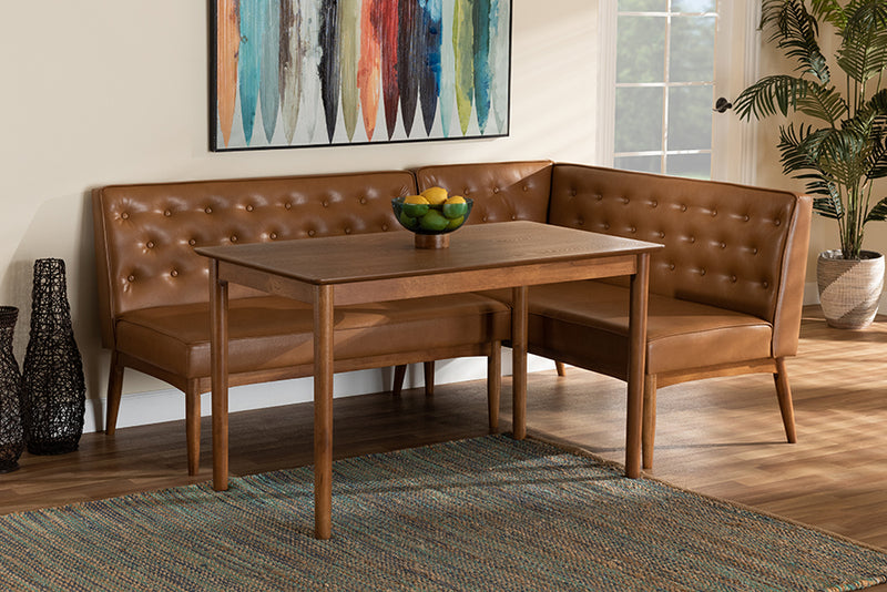 Baxton Studio Riordan Mid-Century Modern Tan Faux Leather Upholstered and Walnut Brown Finished Wood 3-Piece Dining Nook Set | Dining Sets | Modishstore