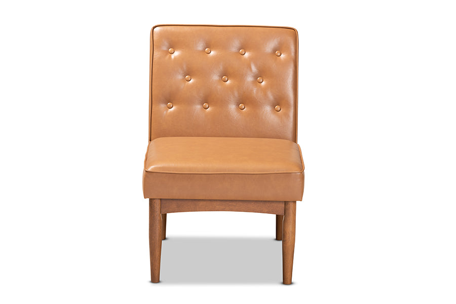 Baxton Studio Riordan Mid-Century Modern Tan Faux Leather Upholstered and Walnut Brown Finished Wood Dining Chair | Modishstore | Dining Chairs - 3
