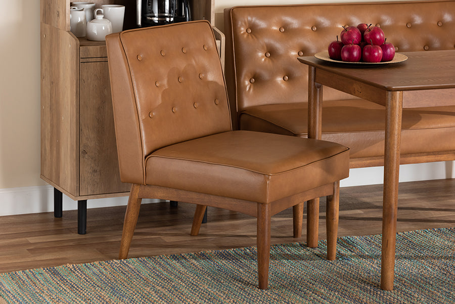 Baxton Studio Riordan Mid-Century Modern Tan Faux Leather Upholstered and Walnut Brown Finished Wood Dining Chair | Modishstore | Dining Chairs - 5