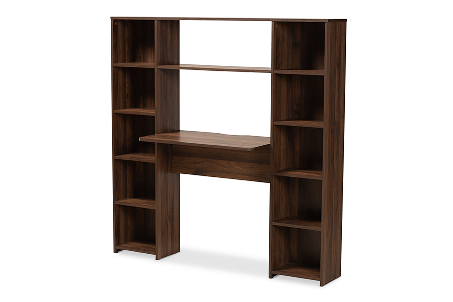 baxton studio ezra modern and contemporary walnut brown finished wood storage computer desk with shelves | Modish Furniture Store-2