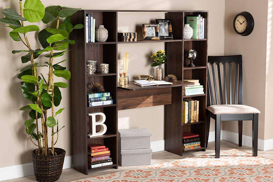 Baxton Studio Ezra Modern and Contemporary Walnut Brown Finished Wood Storage Computer Desk with Shelves | Modishstore | Desks