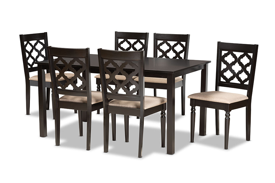 baxton studio ramiro modern and contemporary sand fabric upholstered and dark brown finished wood 7 piece dining set | Modish Furniture Store-2