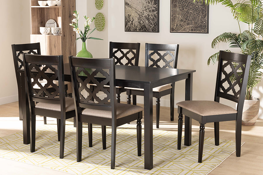 Baxton Studio Ramiro Modern and Contemporary Sand Fabric Upholstered and Dark Brown Finished Wood 7-Piece Dining Set | Modishstore | Dining Sets