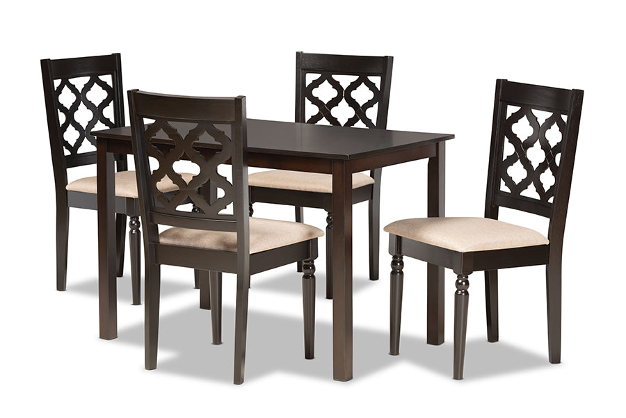 baxton studio ramiro modern and contemporary sand fabric upholstered and dark brown finished wood 5 piece dining set | Modish Furniture Store-2