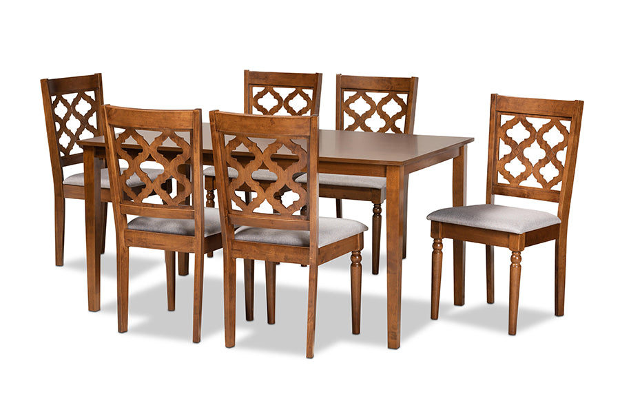 baxton studio ramiro modern and contemporary grey fabric upholstered and walnut brown finished wood 7 piece dining set | Modish Furniture Store-2