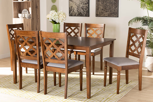Baxton Studio Ramiro Modern and Contemporary Grey Fabric Upholstered and Walnut Brown Finished Wood 7-Piece Dining Set | Modishstore | Dining Sets