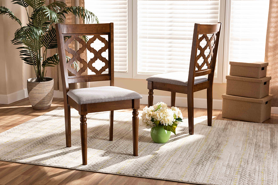 Baxton Studio Ramiro Modern and Contemporary Grey Fabric Upholstered and Walnut Brown Finished Wood 2-Piece Dining Chair Set | Modishstore | Dining Chairs