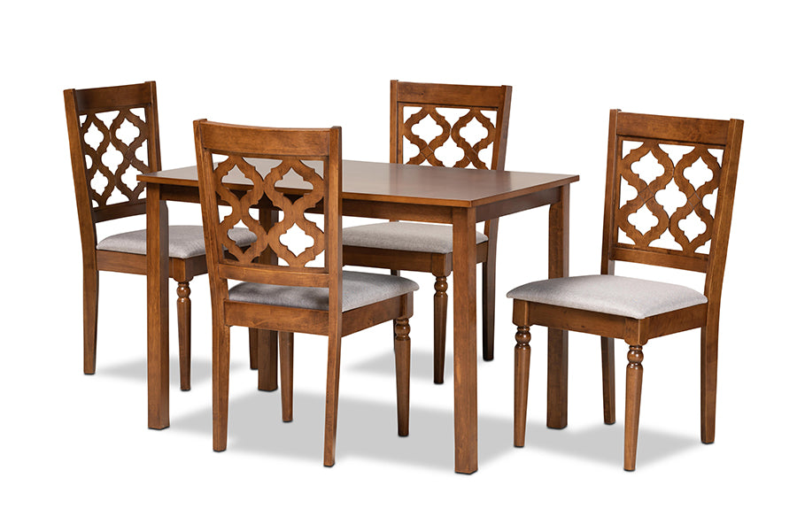 baxton studio ramiro modern and contemporary grey fabric upholstered and walnut brown finished wood 5 piece dining set | Modish Furniture Store-2