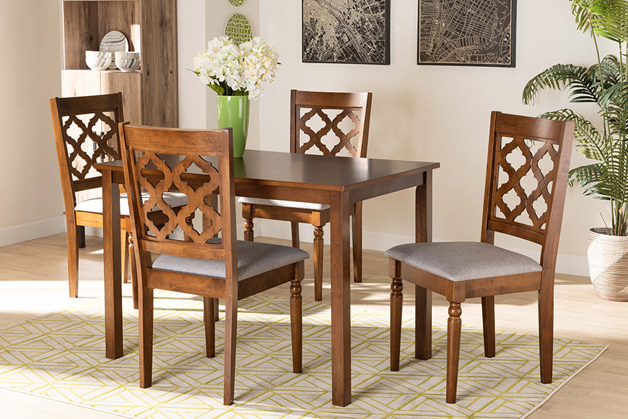 Baxton Studio Ramiro Modern and Contemporary Grey Fabric Upholstered and Walnut Brown Finished Wood 5-Piece Dining Set | Modishstore | Dining Sets