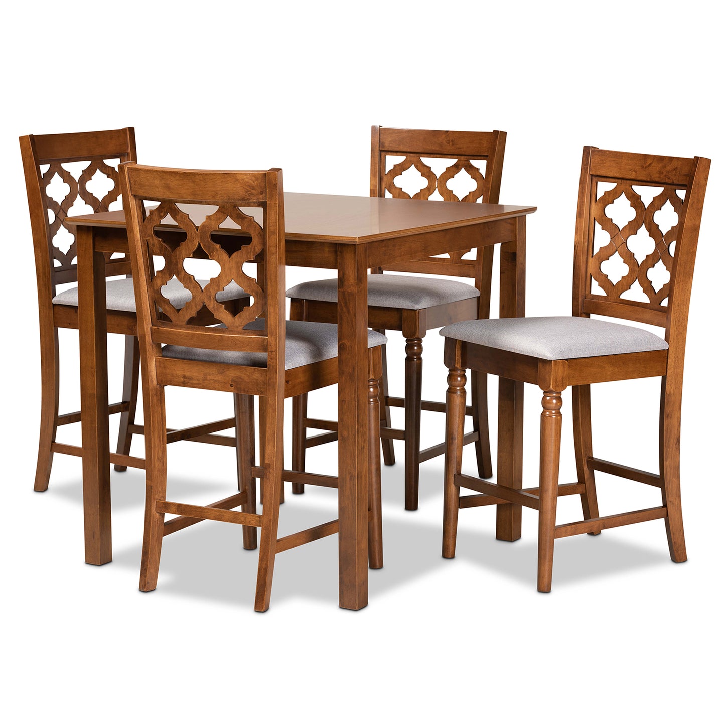 Baxton Studio Ramiro Modern and Contemporary Transitional Grey Fabric Upholstered and Walnut Brown Finished Wood 5-Piece Pub Set | Dining Sets | Modishstore