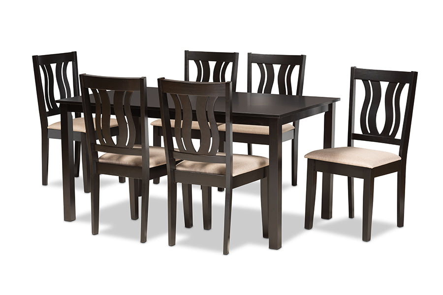 baxton studio fenton modern and contemporary sand fabric upholstered and dark brown finished wood 7 piece dining set | Modish Furniture Store-2