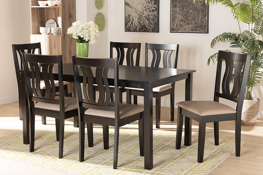 Baxton Studio Fenton Modern and Contemporary Sand Fabric Upholstered and Dark Brown Finished Wood 7-Piece Dining Set | Modishstore | Dining Sets