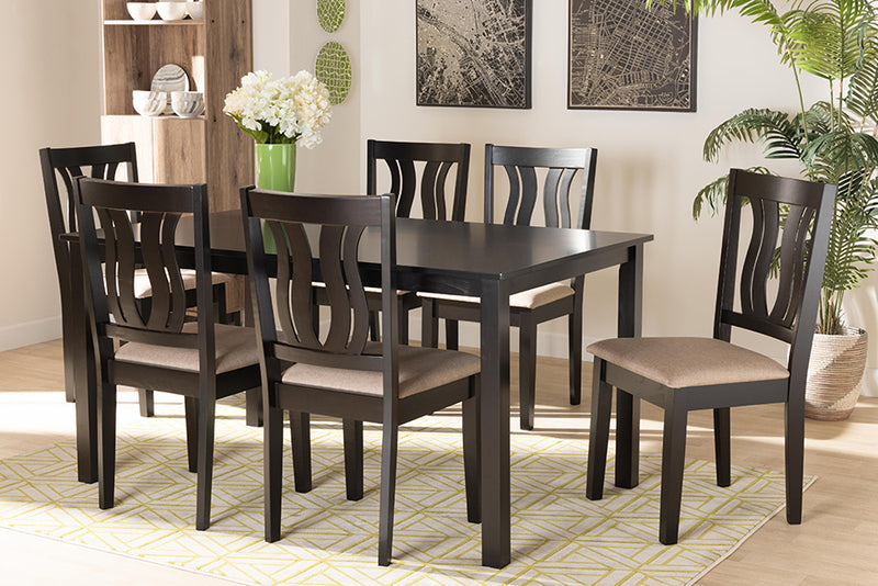 Baxton Studio Fenton Modern and Contemporary Sand Fabric Upholstered and Dark Brown Finished Wood 7-Piece Dining Set | Modishstore | Dining Sets