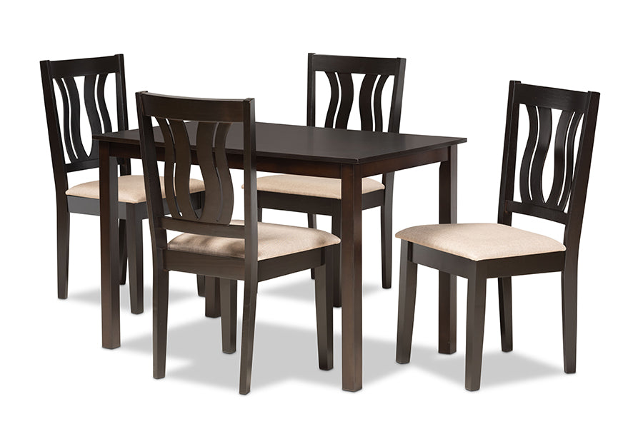 baxton studio fenton modern and contemporary sand fabric upholstered and dark brown finished wood 5 piece dining set | Modish Furniture Store-2