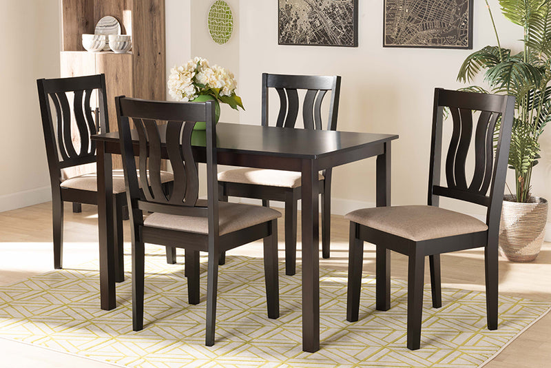 Baxton Studio Fenton Modern and Contemporary Sand Fabric Upholstered and Dark Brown Finished Wood 5-Piece Dining Set | Modishstore | Dining Sets