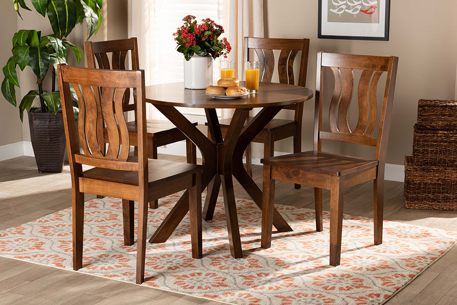 Baxton Studio Mare Modern and Contemporary Transitional Walnut Brown Finished Wood 5-Piece Dining Set | Modishstore | Dining Sets